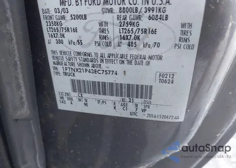 2003 Ford F-250 Lariat/Xl/Xlt из США, поврежденный, VIN 1FTNX21P43EC75774